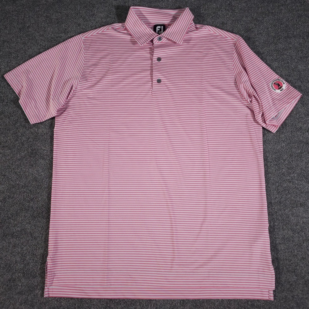 FootJoy Mens Large Pink White Striped Performance Stretch Golf Polo Short Sleeve